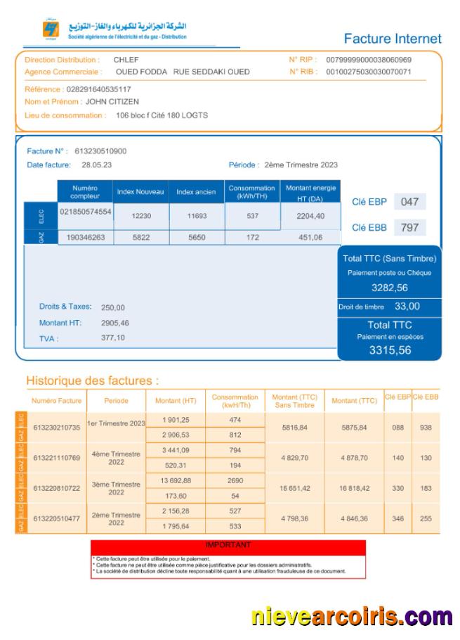 Algeria Societe Algerien Distribution internet utility bill